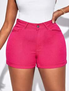 SHEIN SXY Cộng với quần short cạp cao có viền cuộn lên, quần short trơn vừa vặn mùa hè dành cho nữ - Màu Hồng Tươi - Xem 5