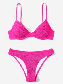SHEIN Swim Summer Beach Smocked Underwire Bikini Set - Pink - View 1