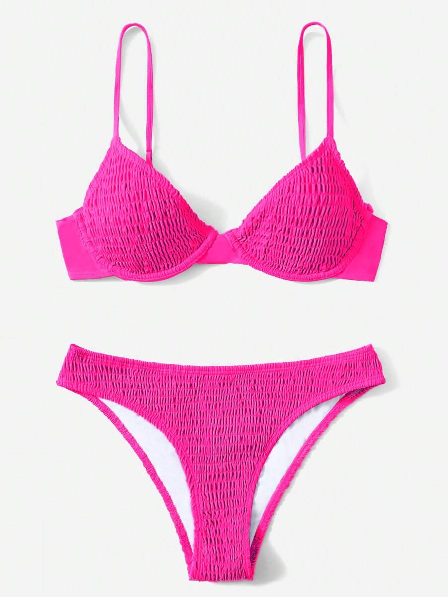 SHEIN Swim Summer Beach Smocked Underwire Bikini Set - Pink - View 1