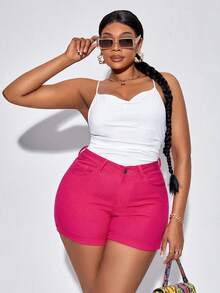 SHEIN SXY Cộng với quần short cạp cao có viền cuộn lên, quần short trơn vừa vặn mùa hè dành cho nữ - Màu Hồng Tươi - Xem 6