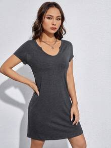 SHEIN EZwear 缺口領T恤連衣裙 - 深灰色 - 查看 5
