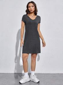 SHEIN EZwear 缺口領T恤連衣裙 - 深灰色 - 查看 7