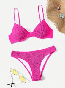SHEIN Swim Summer Beach Smocked Underwire Bikini Set - Pink - View 4