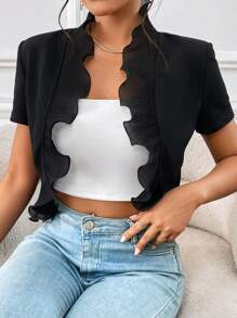 SHEIN Privé Ruffle Trim Open Front Crop Jacket Without Tube Top In Fall/Winter - Black - View 3