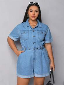 SHEIN EZwear Plus Flap Pocket Roll Up Hem Denim Romper - Light Wash - View 1