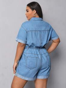 SHEIN EZwear Plus Flap Pocket Roll Up Hem Denim Romper - Light Wash - View 2