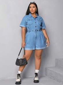 SHEIN EZwear Plus Flap Pocket Roll Up Hem Denim Romper - Light Wash - View 3