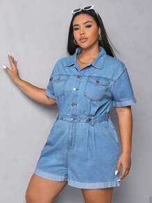 SHEIN EZwear Plus Flap Pocket Roll Up Hem Denim Romper - Light Wash - View 4