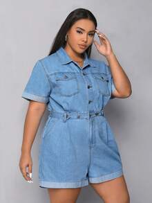 SHEIN EZwear Plus Flap Pocket Roll Up Hem Denim Romper - Light Wash - View 5