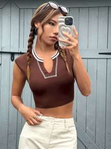 SHEIN EZwear Striped Trim Notched Neck Crop Tee - Coffee Brown - View 1