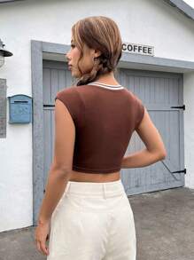 SHEIN EZwear Striped Trim Notched Neck Crop Tee - Coffee Brown - View 2