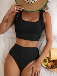 SHEIN Swim Black Tie Front Bikini Set, Beach Swimwear For Summer Beach Vacation - Black - View 1