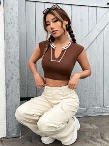 SHEIN EZwear Striped Trim Notched Neck Crop Tee - Coffee Brown - View 3