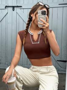 SHEIN EZwear Striped Trim Notched Neck Crop Tee - Coffee Brown - View 5