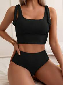 SHEIN Swim Black Tie Front Bikini Set, Beach Swimwear For Summer Beach Vacation - Black - View 5
