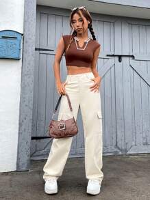 SHEIN EZwear Striped Trim Notched Neck Crop Tee - Coffee Brown - View 6