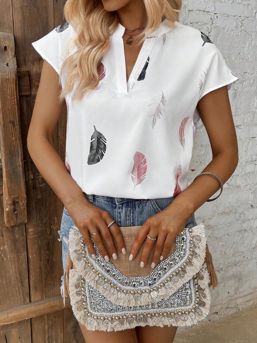 SHEIN LUNE 羽毛印花蝙蝠袖襯衫 - 白色 - 查看 1