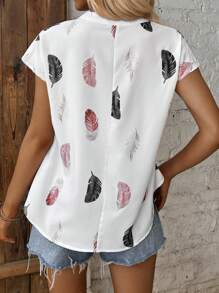 SHEIN LUNE 羽毛印花蝙蝠袖襯衫 - 白色 - 查看 2