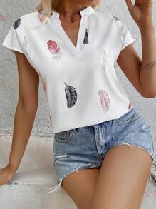 SHEIN LUNE 羽毛印花蝙蝠袖襯衫 - 白色 - 查看 3