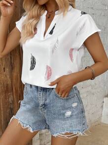 SHEIN LUNE 羽毛印花蝙蝠袖襯衫 - 白色 - 查看 4