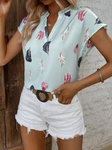 SHEIN LUNE 羽毛印花蝙蝠袖四分之一無紐扣開襟襯衫 - 薄荷綠 - 查看 1