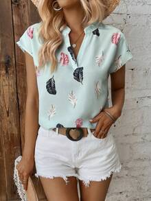 SHEIN LUNE 羽毛印花蝙蝠袖四分之一無紐扣開襟襯衫 - 薄荷綠 - 查看 3