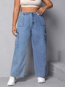 SHEIN EZwear Quần Denim kích thước lớn Nút Túi Dây kéo màu trơn - Rửa nhẹ - Xem 4