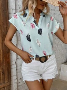 SHEIN LUNE 羽毛印花蝙蝠袖四分之一無紐扣開襟襯衫 - 薄荷綠 - 查看 4