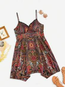 SHEIN VCAY 波西米亞不對稱 露背 蕾絲拼接 打褶佩斯利花紋加大洋裝 - 彩色 - 查看 2