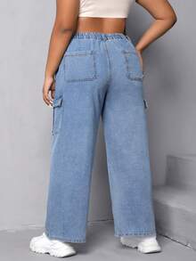 SHEIN EZwear Quần Denim kích thước lớn Nút Túi Dây kéo màu trơn - Rửa nhẹ - Xem 2