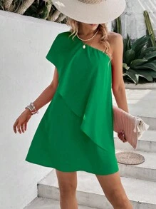Chiquease One Shoulder Batwing Sleeve Dress - Green - View 1