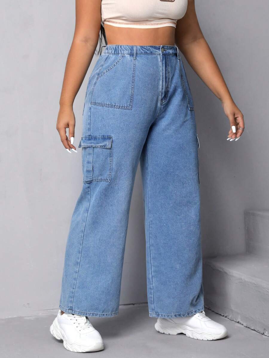 SHEIN EZwear Quần Denim kích thước lớn Nút Túi Dây kéo màu trơn - Rửa nhẹ - Xem 1