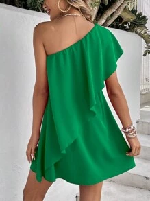 Chiquease One Shoulder Batwing Sleeve Dress - Green - View 2
