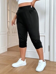 CovetEZ 大碼素色側收褶長褲 - 黑色 - 查看 1