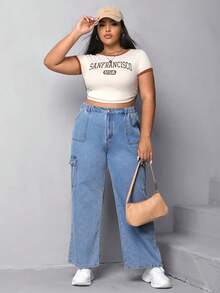 SHEIN EZwear Quần Denim kích thước lớn Nút Túi Dây kéo màu trơn - Rửa nhẹ - Xem 3