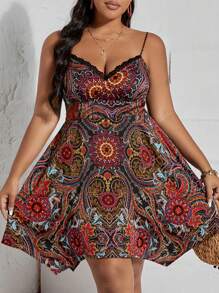 SHEIN VCAY 波西米亞不對稱 露背 蕾絲拼接 打褶佩斯利花紋加大洋裝 - 彩色 - 查看 3