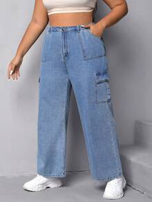 SHEIN EZwear Quần Denim kích thước lớn Nút Túi Dây kéo màu trơn - Rửa nhẹ - Xem 5