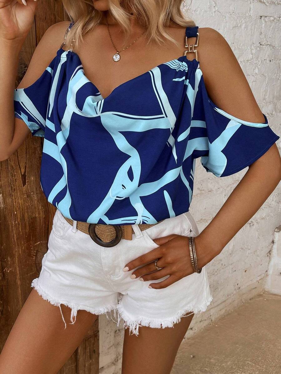 SHEIN LUNE Áo sơ mi nữ Chuỗi Tất cả trên in Giải trí - Xanh và trắng - Xem 1