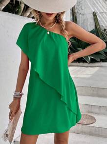 Chiquease One Shoulder Batwing Sleeve Dress - Green - View 5