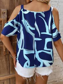 SHEIN LUNE Áo sơ mi nữ Chuỗi Tất cả trên in Giải trí - Xanh và trắng - Xem 2