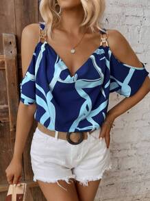 SHEIN LUNE Áo sơ mi nữ Chuỗi Tất cả trên in Giải trí - Xanh và trắng - Xem 3