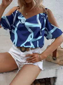 SHEIN LUNE Áo sơ mi nữ Chuỗi Tất cả trên in Giải trí - Xanh và trắng - Xem 5