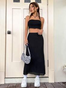 SHEIN EZwear Bộ đồ hai mảnh nữ màu trơn - màu đen - Xem 5