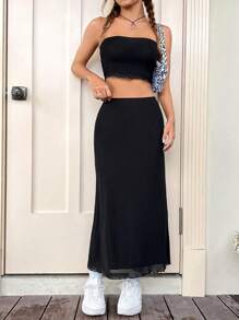 SHEIN EZwear Bộ đồ hai mảnh nữ màu trơn - màu đen - Xem 1