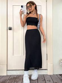 SHEIN EZwear Bộ đồ hai mảnh nữ màu trơn - màu đen - Xem 6