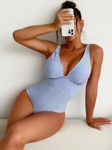 SHEIN Swim Summer Beach Striped Print One Piece Swimsuit - Blue - View 6