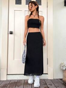 SHEIN EZwear Bộ đồ hai mảnh nữ màu trơn - màu đen - Xem 7