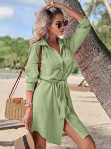 SHEIN LUNE Solid Belted Shirt Dress - Mint Green - View 1