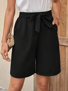 EMERY ROSE Solid Knot Front Wide Leg Shorts - Black - View 1