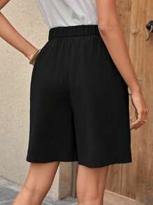 EMERY ROSE Solid Knot Front Wide Leg Shorts - Black - View 2